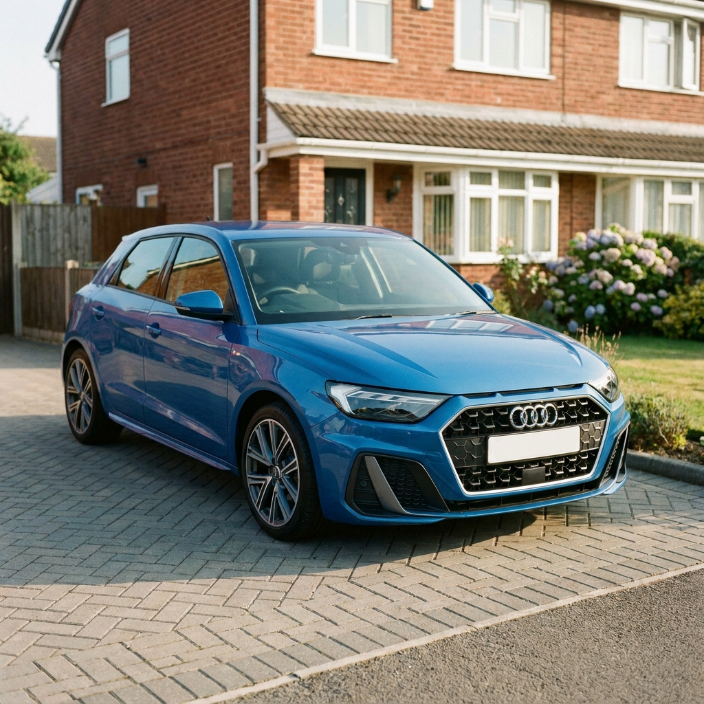 A sleek, nearly new Audi A1 in a vibrant colour, parked on a suburban driveway under soft afternoon sun.