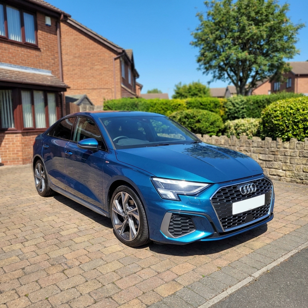 A photorealistic 2024 Audi A3 S Line in a metallic blue finish, parked on a suburban driveway in the UK under a clear blue sky.