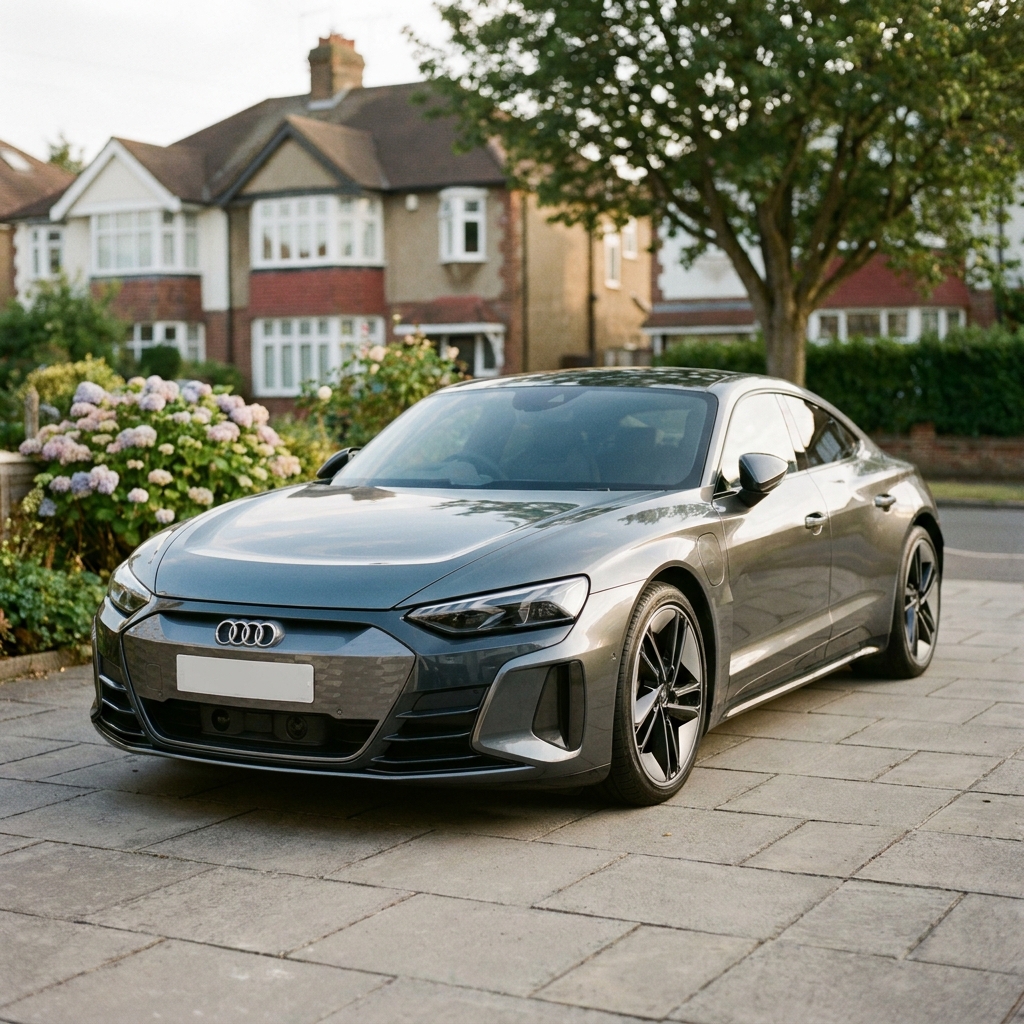 A sleek, metallic grey 2024 Audi e-tron GT parked on a suburban UK driveway in soft afternoon sun.