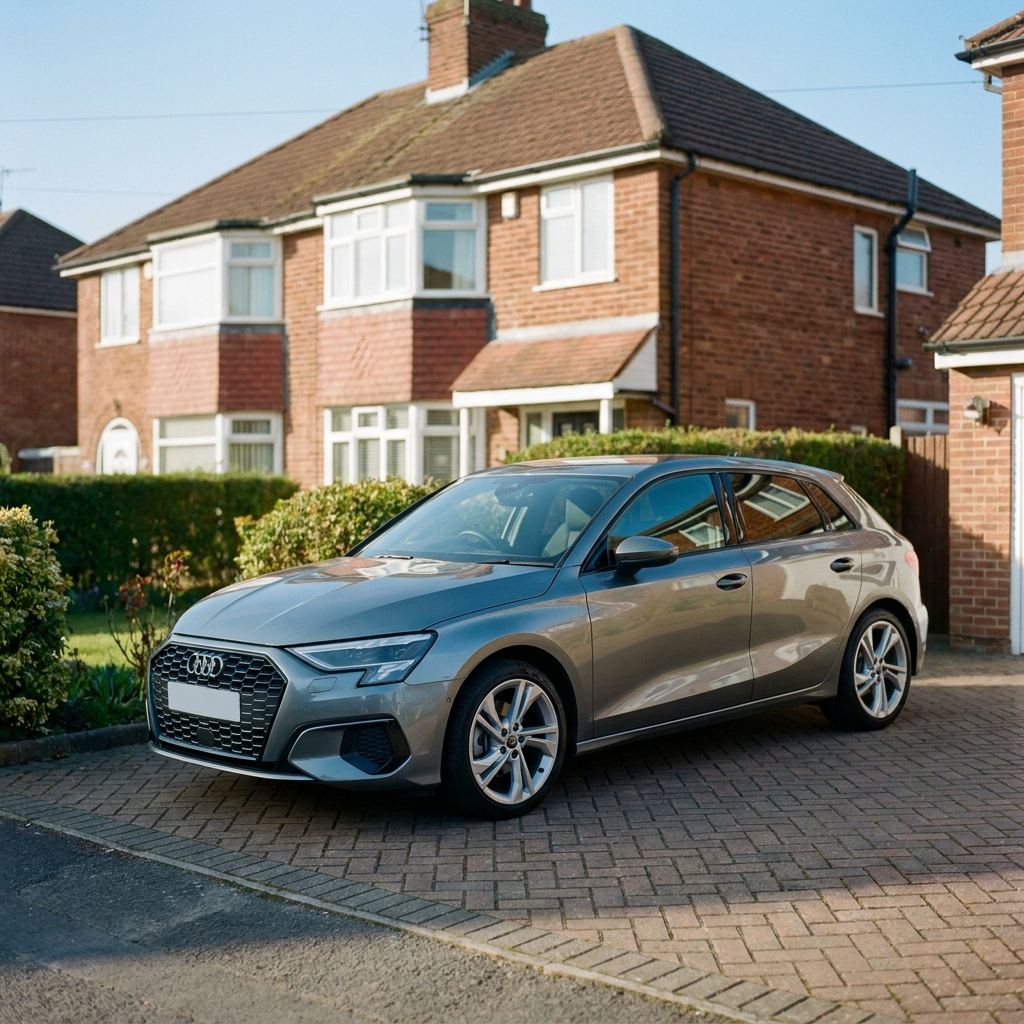 A sleek, nearly new Audi A3 Sportback in a metallic finish, parked on a British suburban driveway on a clear blue-sky day.
