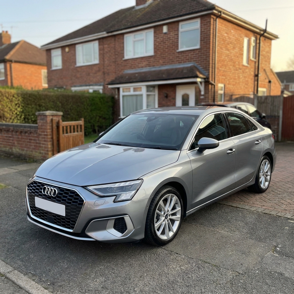 A sleek, metallic grey 2024 Audi A3 parked on a British suburban driveway in soft afternoon sun.