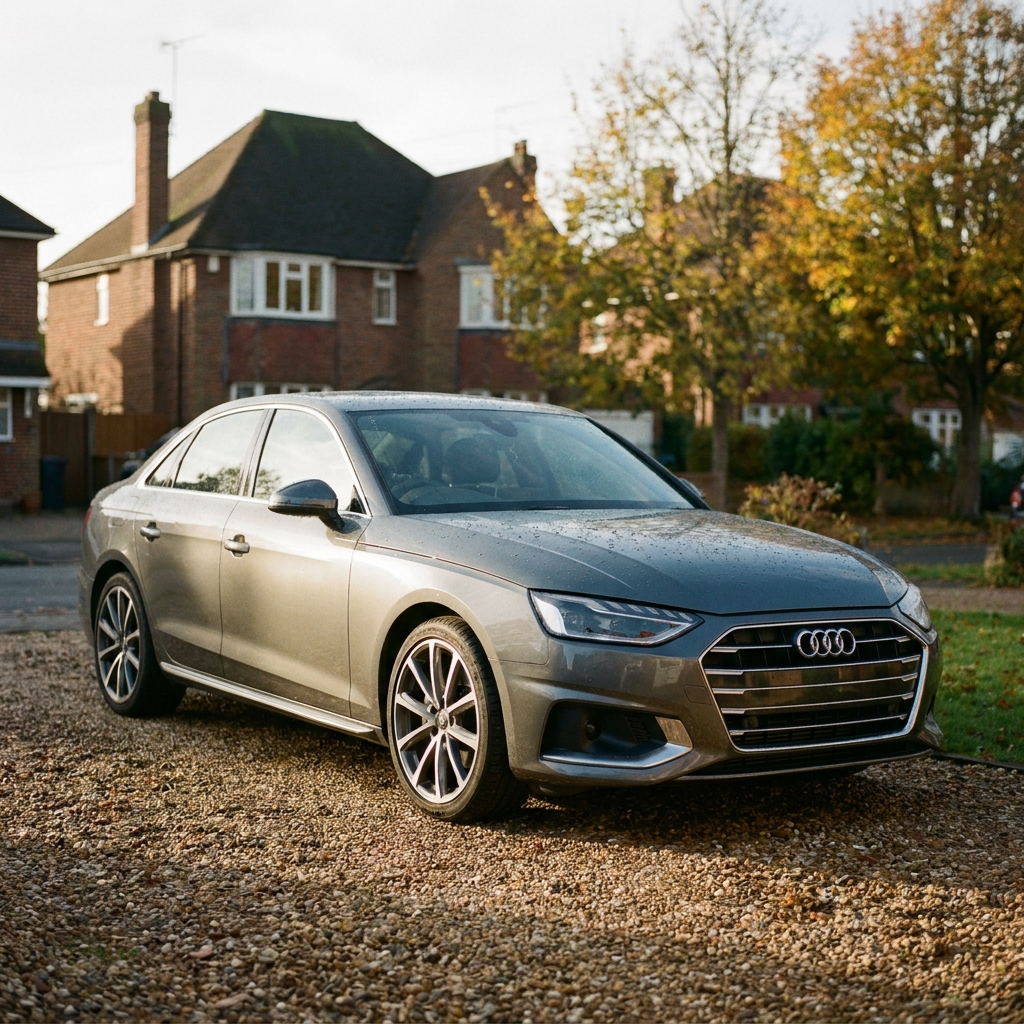 A sleek, modern Audi parked on a suburban driveway in the UK under soft afternoon sun.