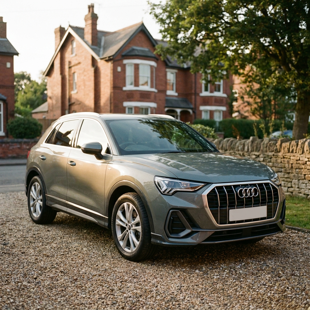A photorealistic exterior shot of a nearly new Audi Q3 in a UK suburban driveway, bathed in soft afternoon sun.