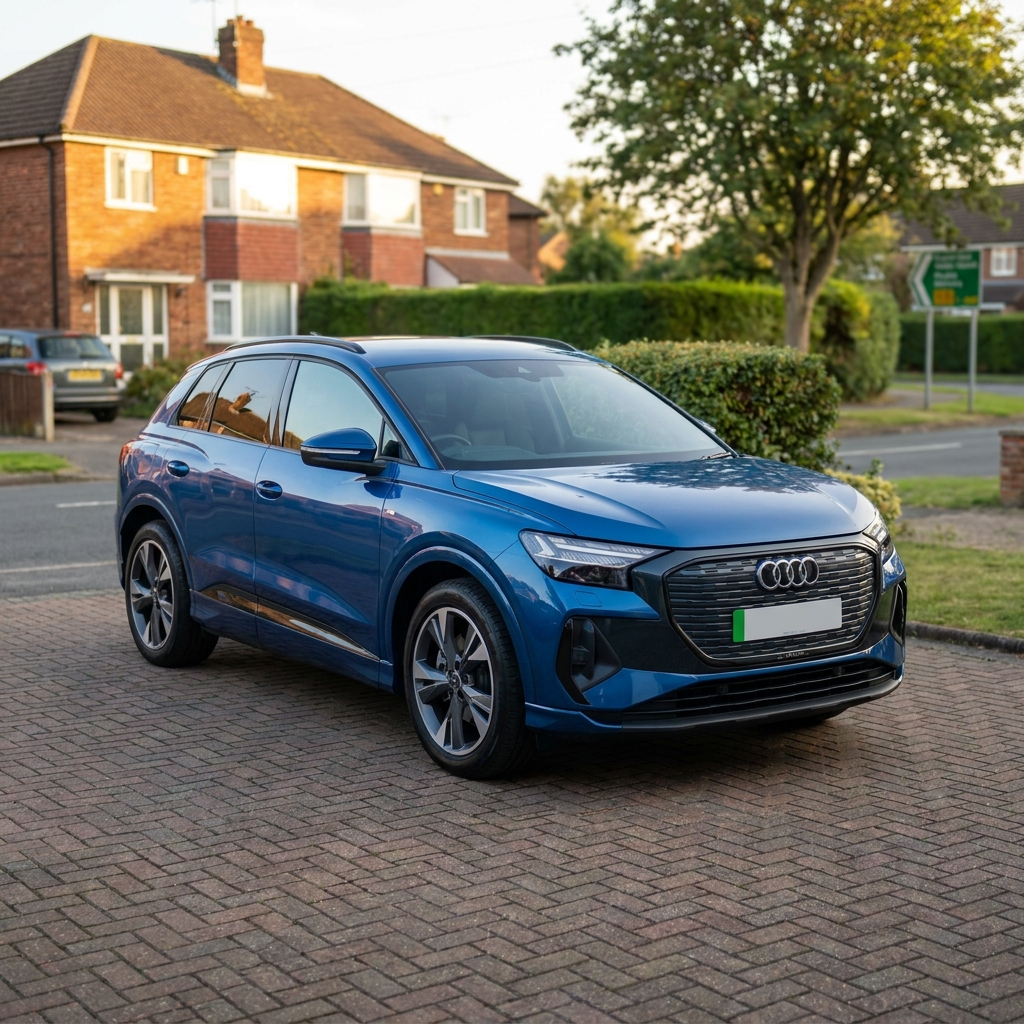 A modern 2024 Audi Q4 e-tron in a metallic finish, parked on a suburban driveway in the UK under soft afternoon sun.
