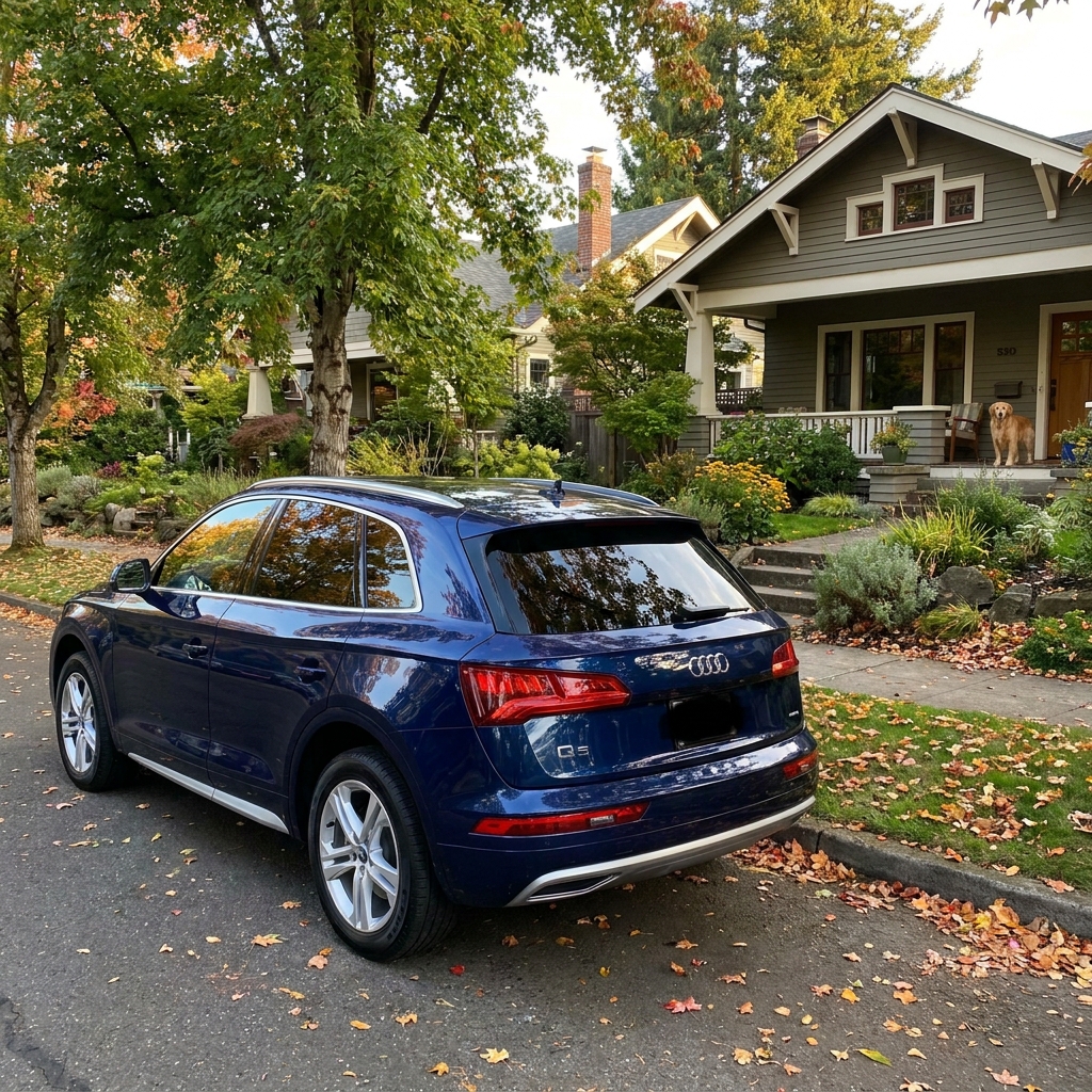 A sleek, modern Audi Q5 parked on a scenic road with a backdrop of rolling hills under a clear sky.