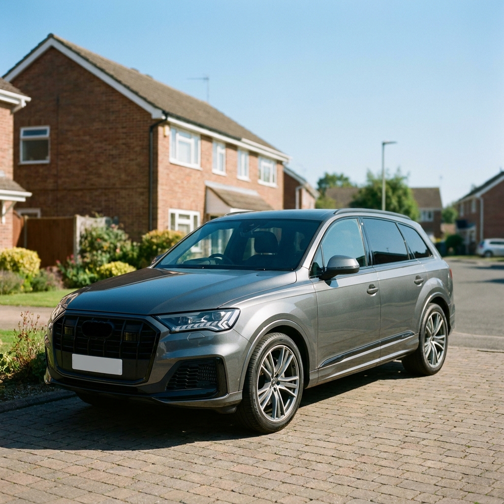 A metallic grey 2024 Audi Q7 parked on a suburban driveway in the UK under a clear blue sky.