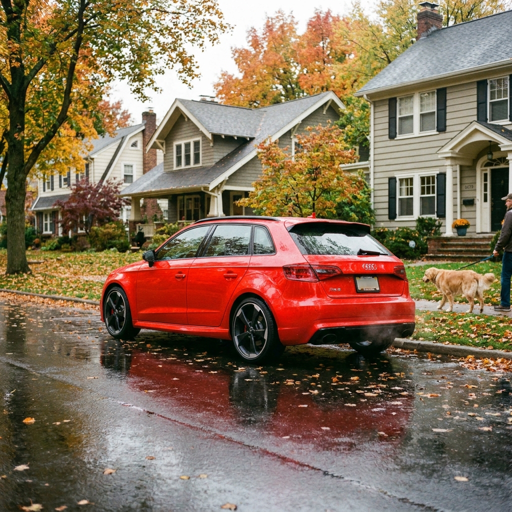 A sleek, modern Audi RS3 parked on a suburban UK driveway under soft afternoon sun, ready for a test drive.