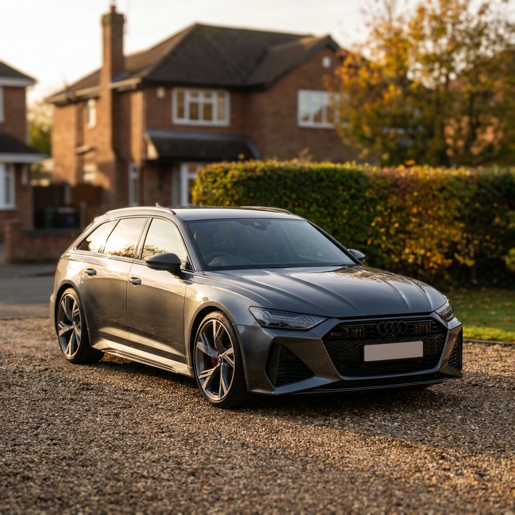 A sleek, dark grey Audi RS6 Avant (2023-2026 model) parked on a British suburban driveway in soft afternoon sun.