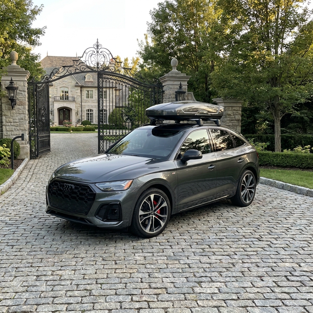 A metallic grey 2024 Audi SQ5 Sportback parked on a suburban driveway in soft afternoon sun.