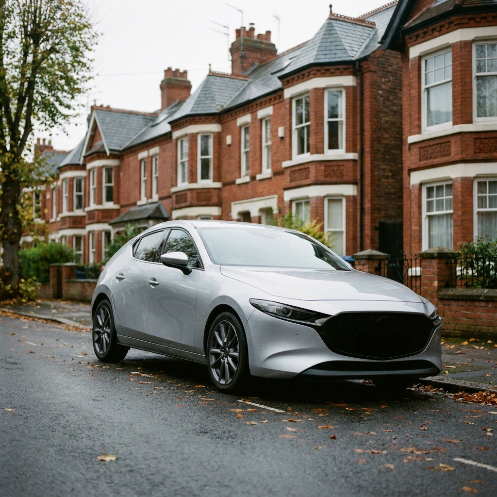 A modern silver car parked on a residential street in a British town, with terraced houses in the background under an overcast sky.