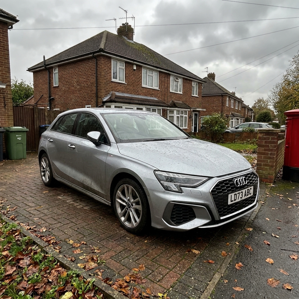 A photorealistic silver 2024 Audi a3  hatchback parked on a suburban driveway in the UK under a clear blue sky.