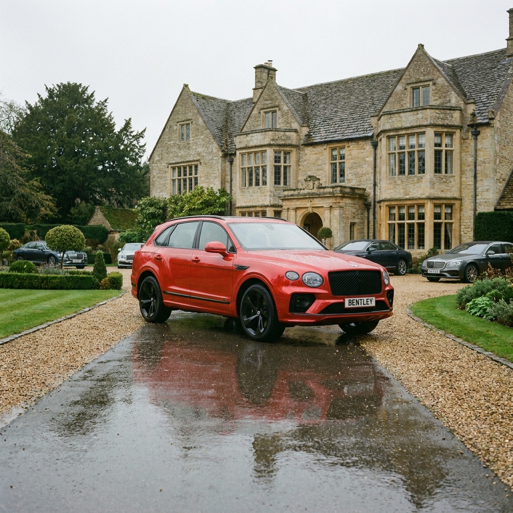 A photorealistic 2023 Bentley Bentayga 3.0 V6 Hybrid 462 S parked on a suburban driveway in the UK.