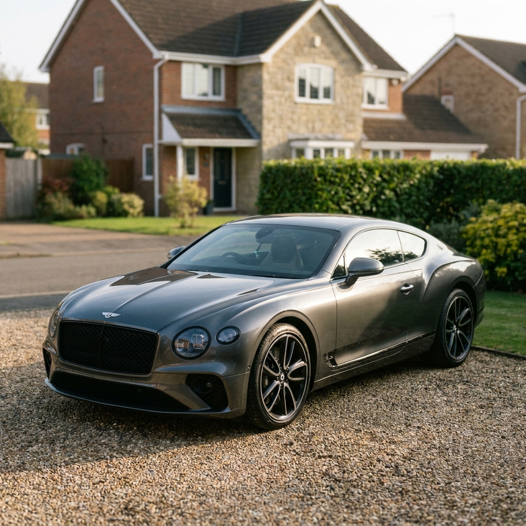 A sleek, dark grey 2024 Bentley Continental GT parked on a suburban UK driveway in soft afternoon sun.