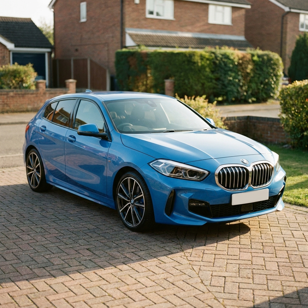 A sleek, nearly new 2024 BMW 1 Series M Sport in a vibrant blue, parked on a suburban driveway in the UK under soft afternoon sun.