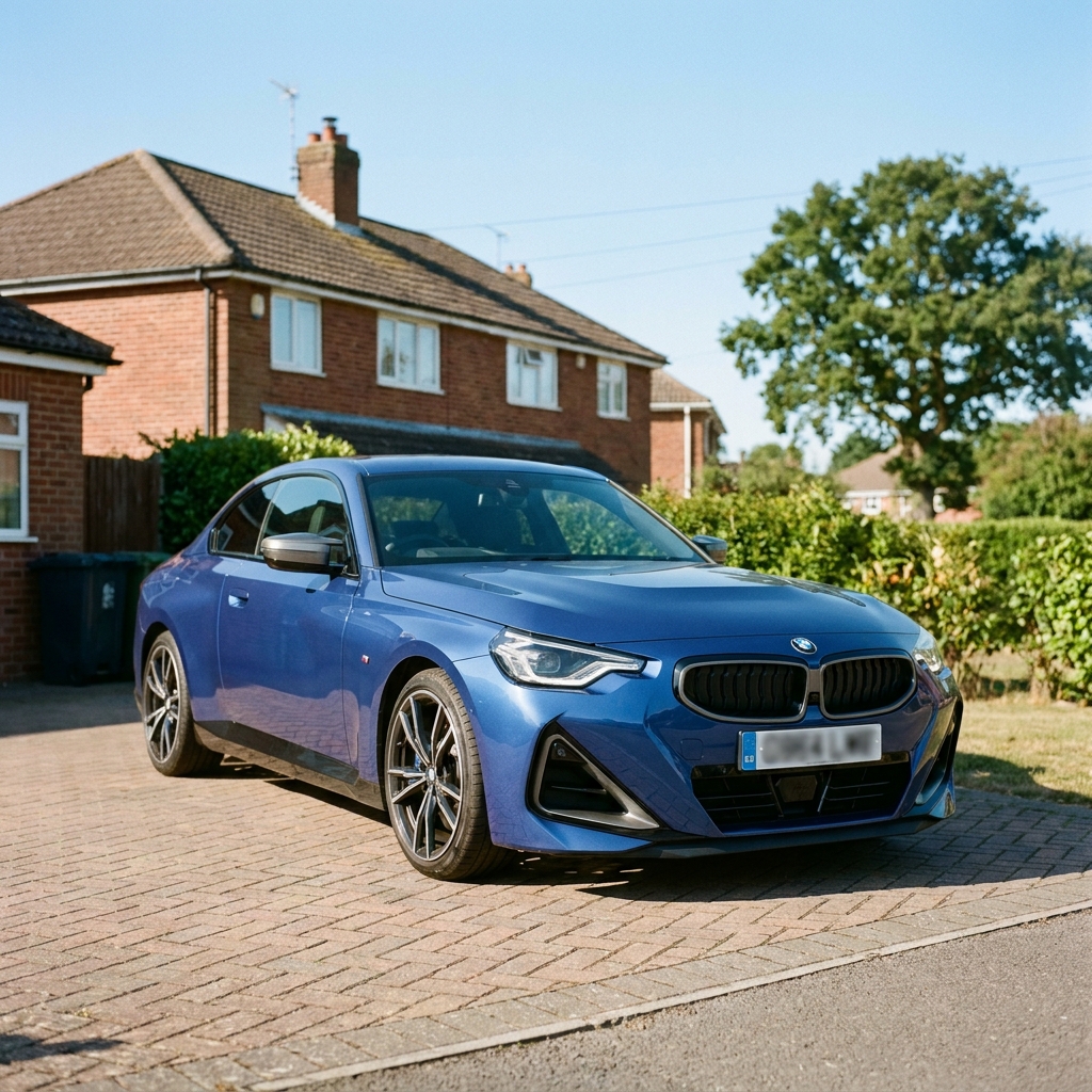A photorealistic exterior shot of a nearly new BMW 2 Series M Sport in a suburban driveway on a clear blue-sky day.