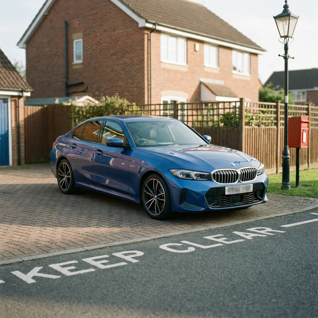 A photorealistic metallic blue 2024 BMW 3 Series parked on a suburban driveway in the UK under soft afternoon sun.