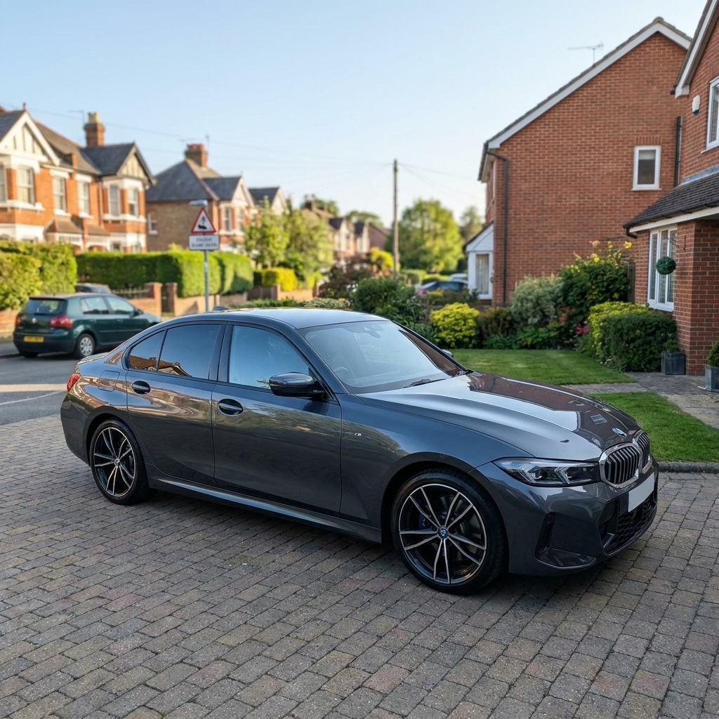 A sleek, dark grey 2024 BMW 3 Series M Sport parked on a suburban driveway in the UK under a clear blue sky.