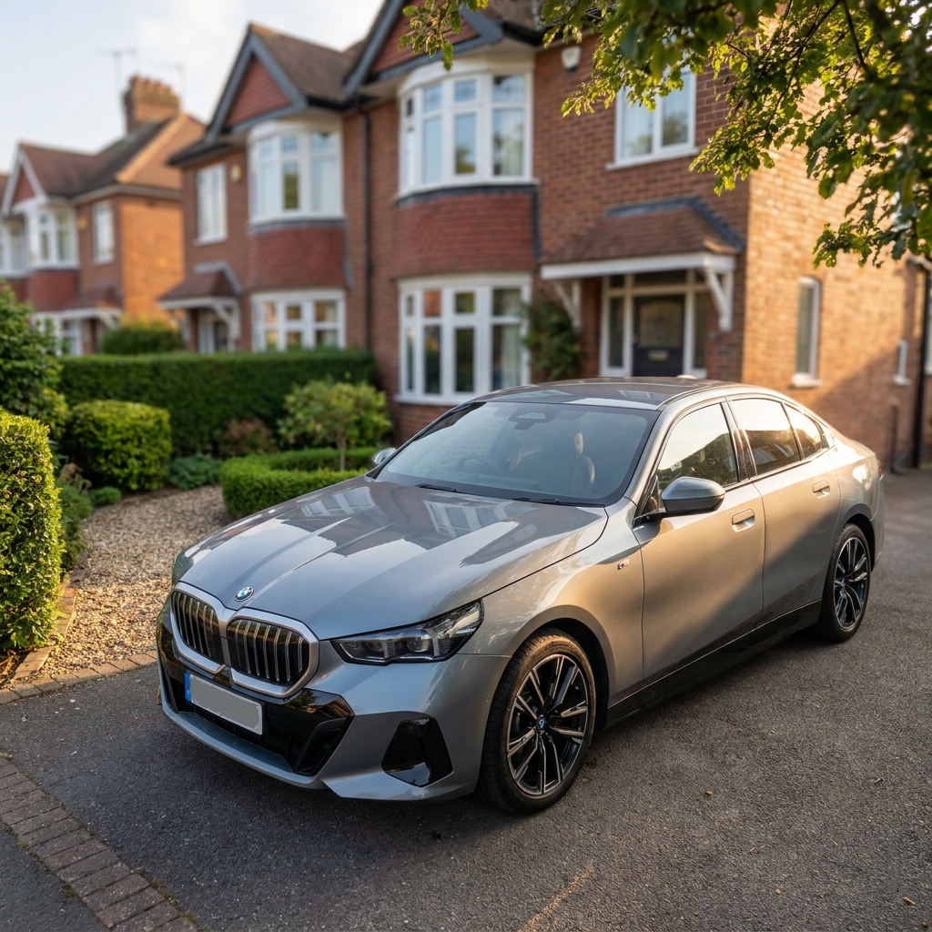 A sleek, modern BMW 5 Series parked on a suburban driveway in the UK under soft afternoon sun.