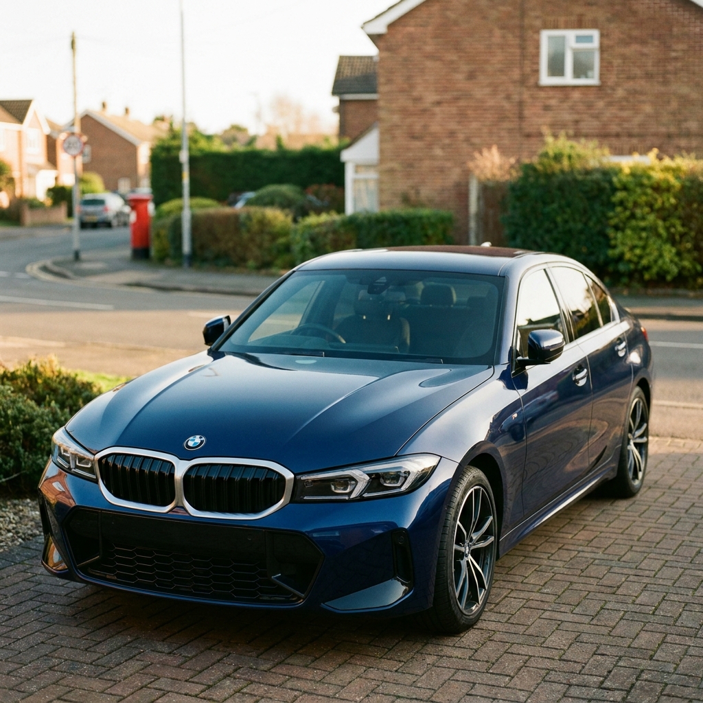 A sleek, dark blue 2024 BMW 3 Series parked on a British suburban driveway in soft afternoon sun.