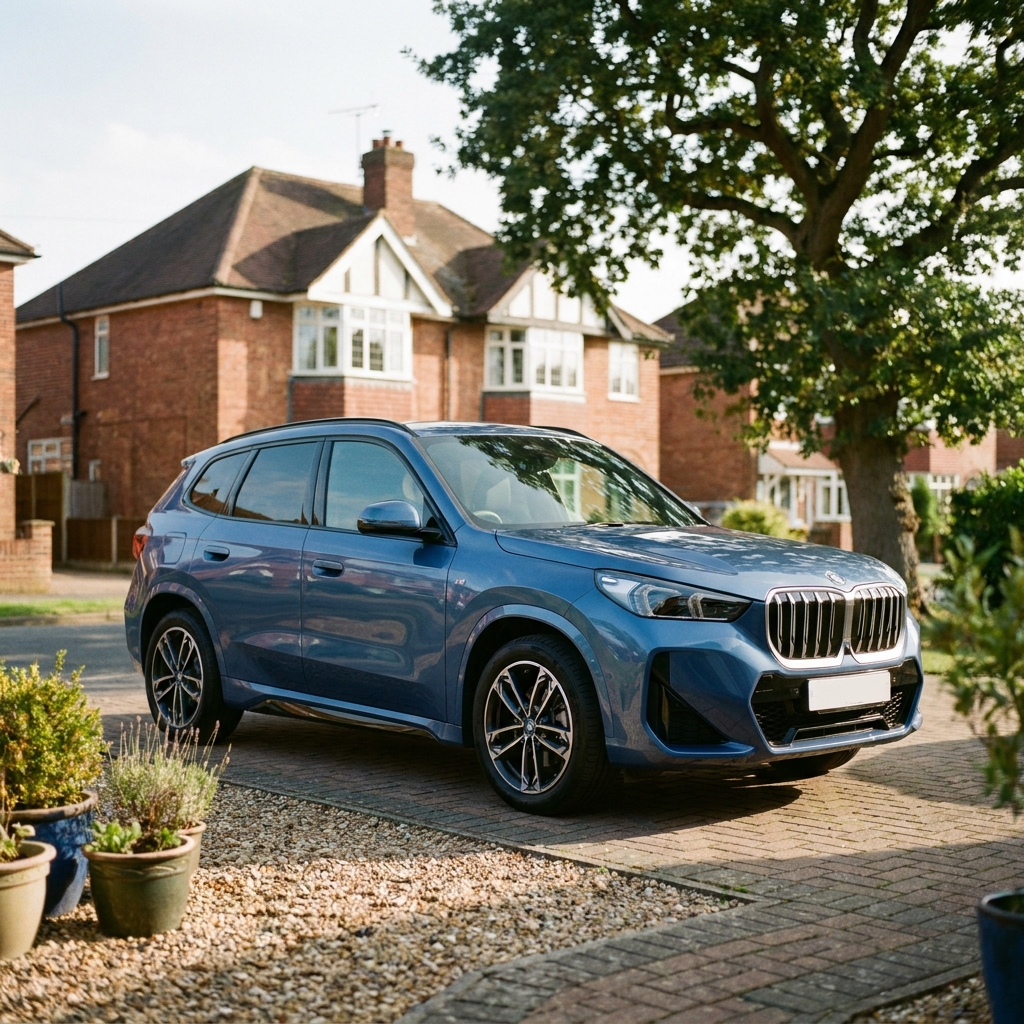 A photorealistic exterior shot of a nearly new BMW iX1 parked on a suburban driveway in the UK under soft afternoon sun.