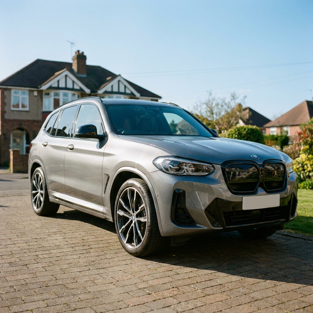 A metallic grey 2023 BMW iX3 M Sport Pro parked on a suburban driveway under a clear blue sky.