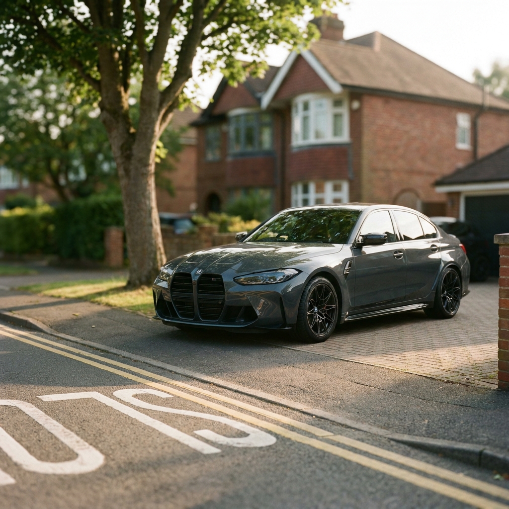 A sleek, dark grey 2024 BMW M3 Competition parked on a suburban driveway in soft afternoon sun.