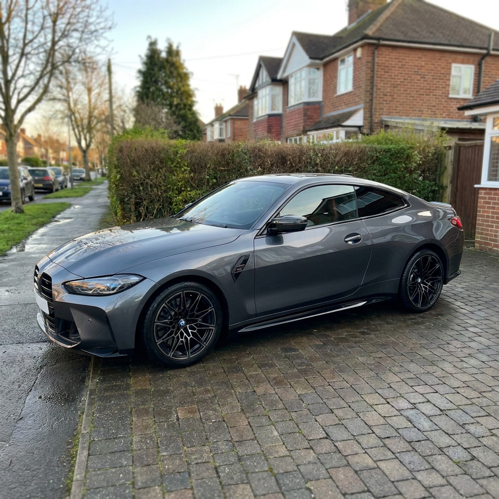A sleek, nearly new metallic grey BMW M4 Competition parked on a suburban driveway in the UK under soft afternoon sun.
