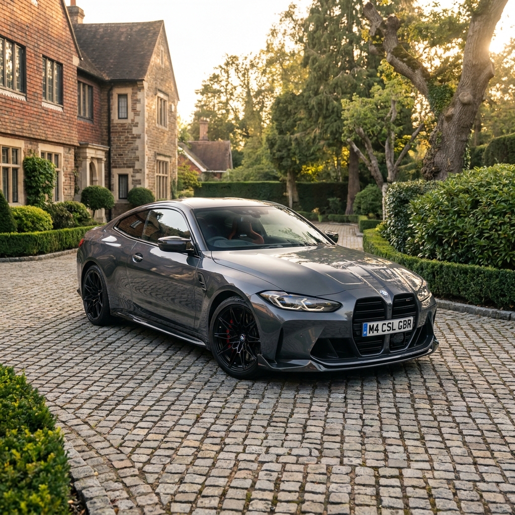 A sleek, dark grey 2024 BMW M4 Competition Coupe parked on a British suburban driveway in soft afternoon sun.