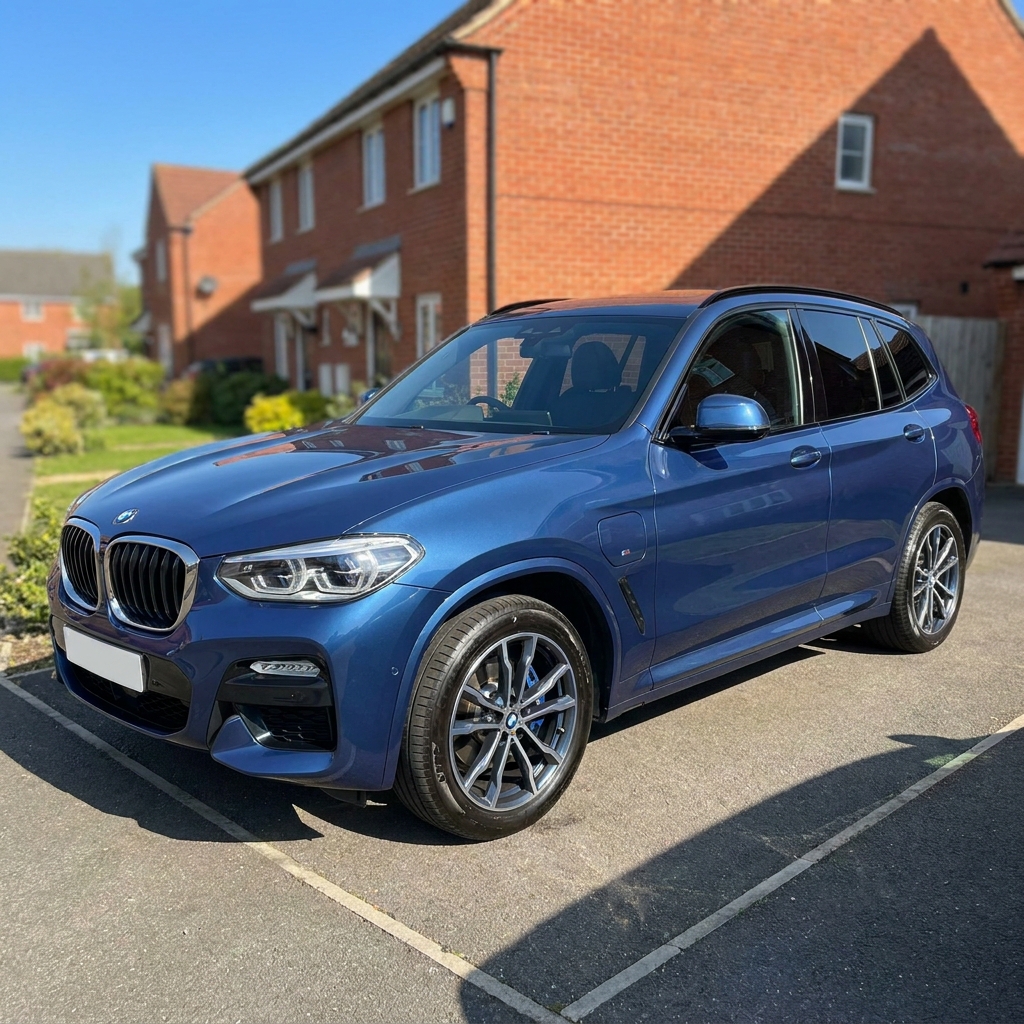 A photorealistic 2023 BMW X3 30e M Sport plug-in hybrid in a suburban UK driveway on a clear blue-sky day.