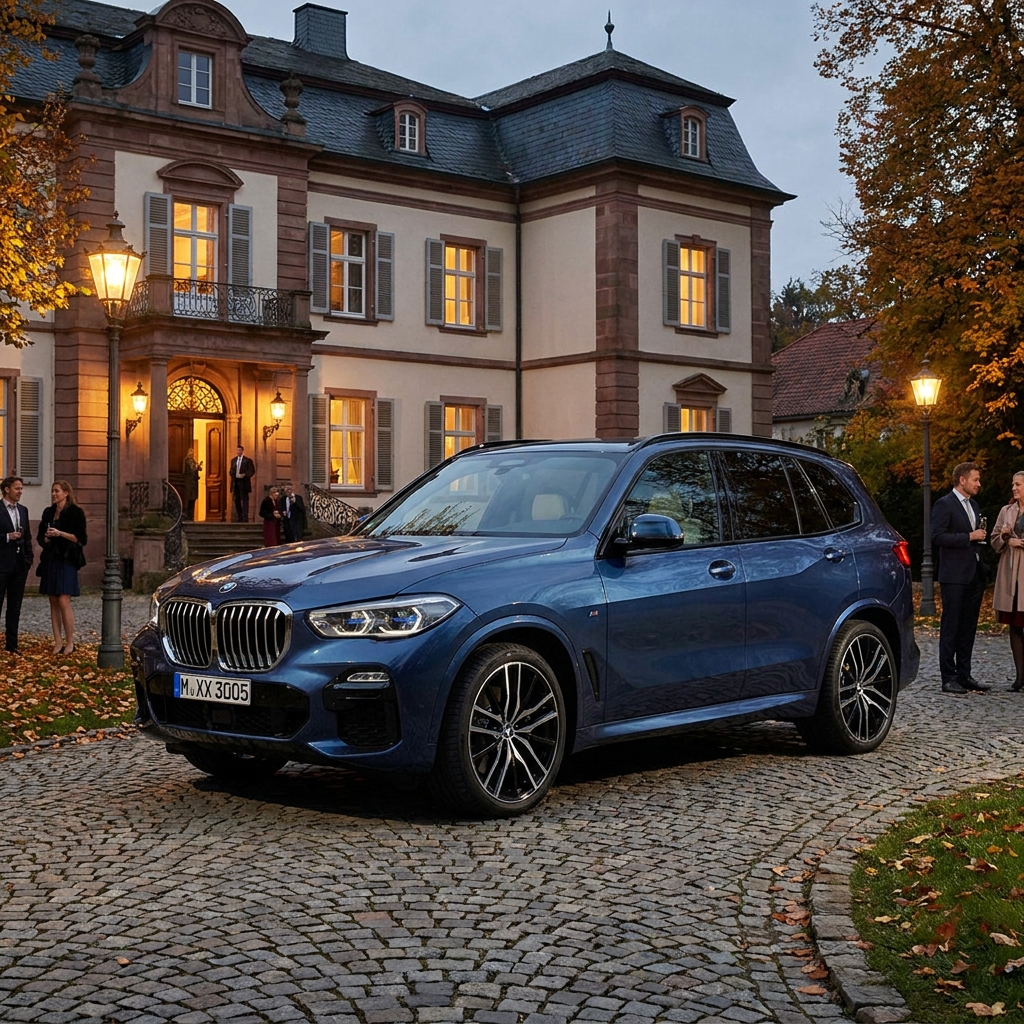 A photorealistic exterior shot of a nearly new BMW X5 M Sport parked on a suburban driveway in the UK.