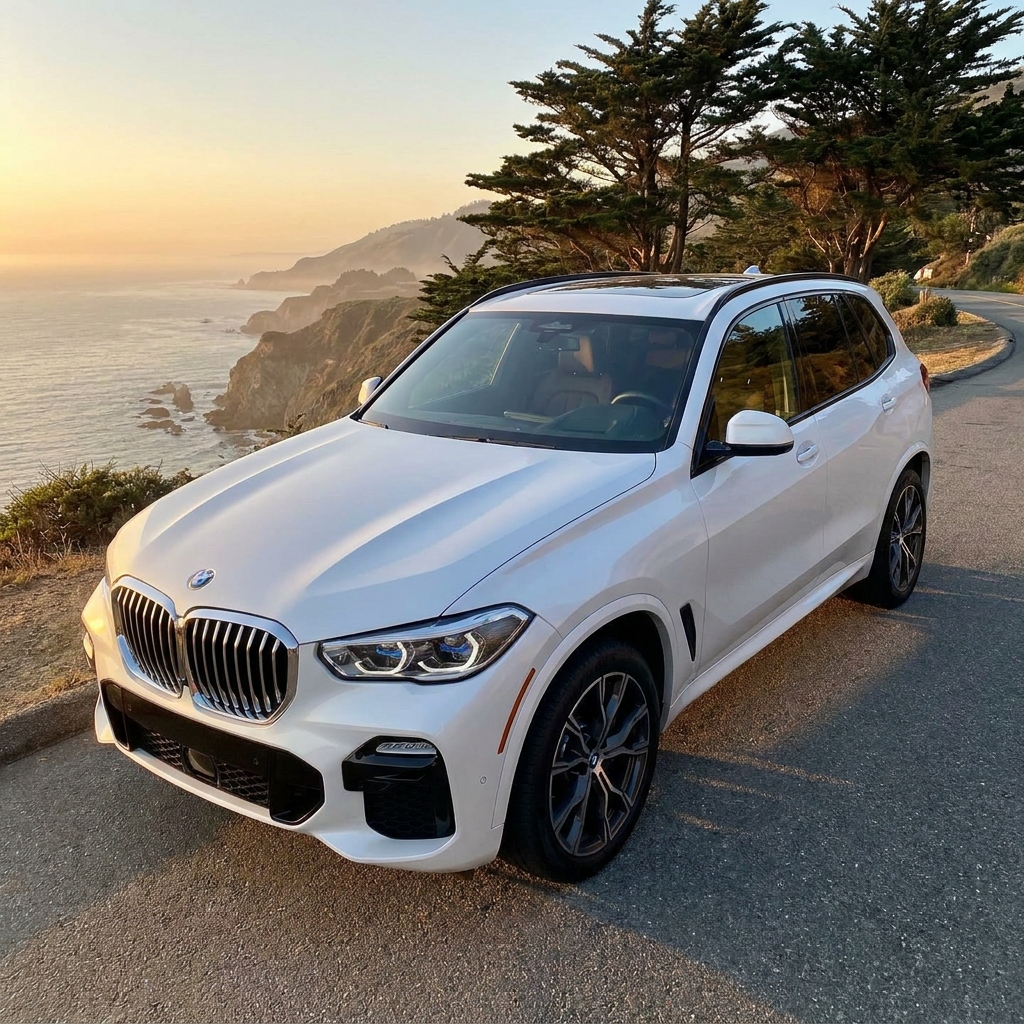 A photorealistic 2025 BMW X5 xDrive50e M Sport (plug-in hybrid) parked on a suburban driveway in the UK under soft afternoon sun.
