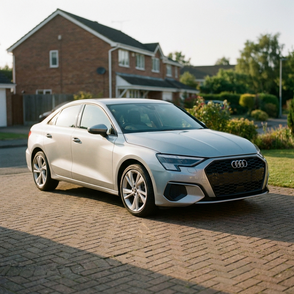 A sleek, nearly new silver Audi A3 parked on a suburban UK driveway in soft afternoon sun, with a shallow depth of field.