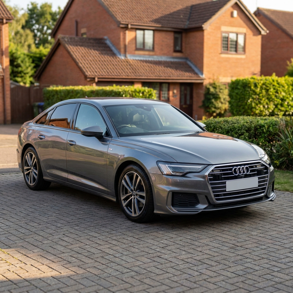 A sleek, modern 2024 Audi A6 Saloon parked on a suburban driveway in the UK, bathed in soft afternoon sun.