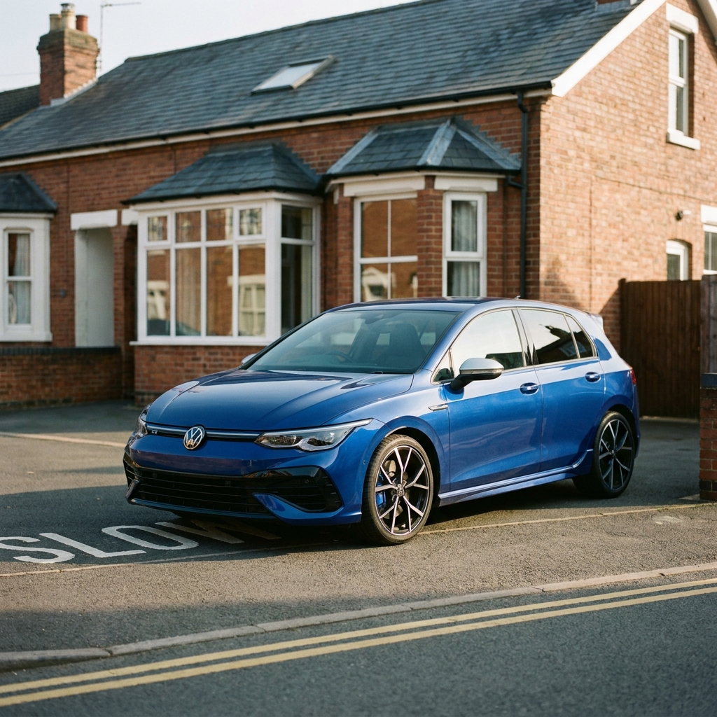A modern, metallic blue car parked on a suburban driveway in the UK under soft afternoon sun.