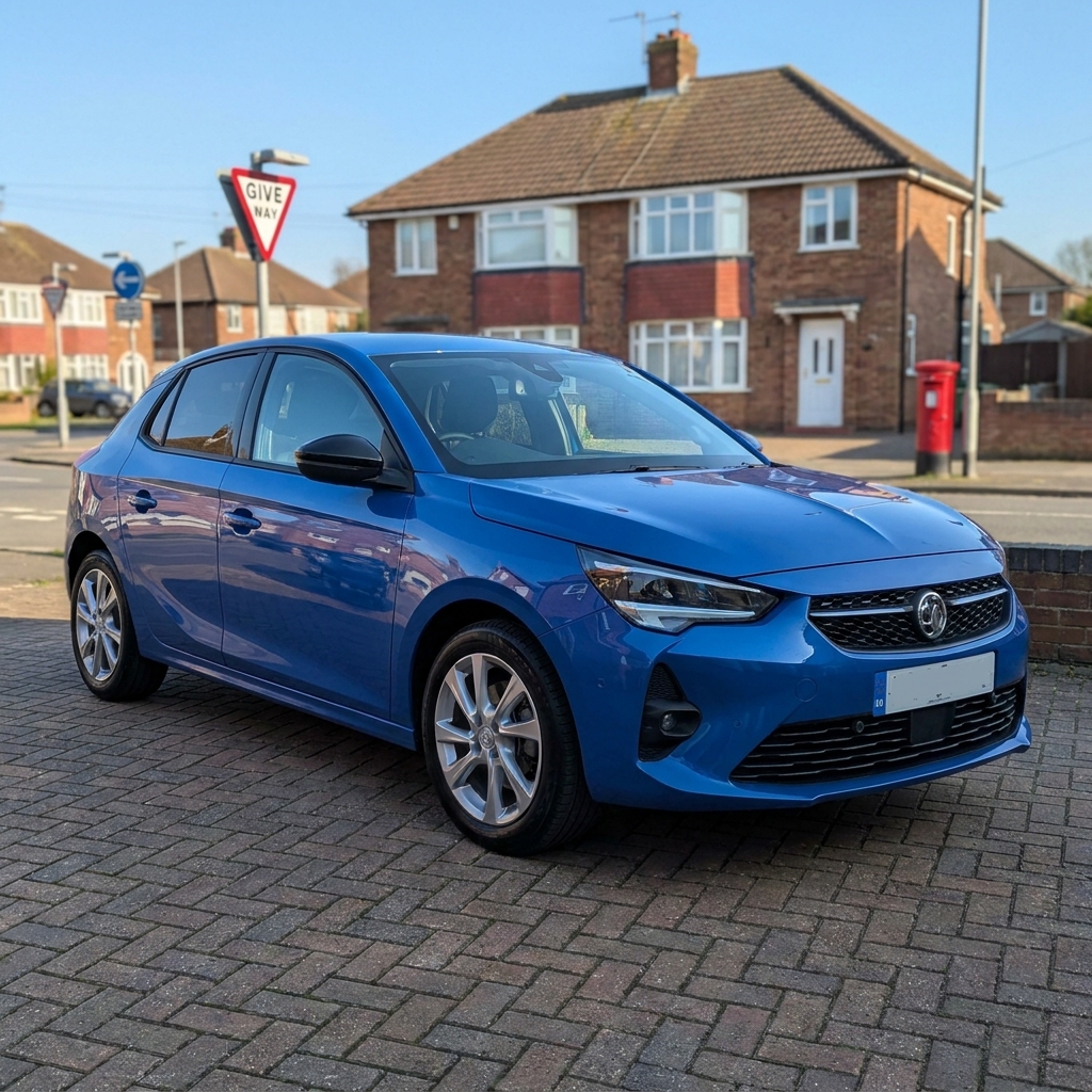 A modern, metallic blue 2024 Vauxhall Corsa parked on a suburban driveway in the UK under a clear blue sky.