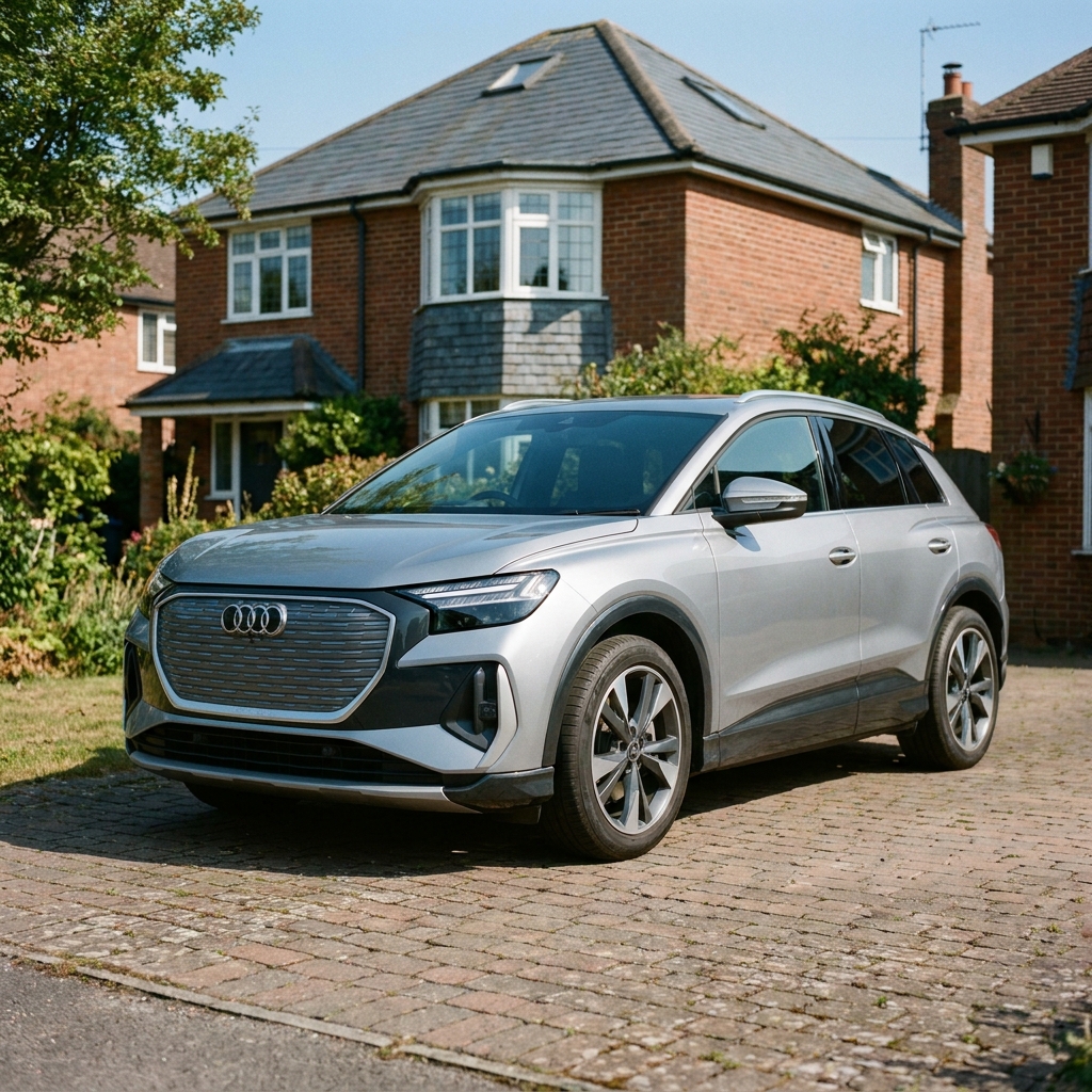 A silver Audi Q4 e-tron 2024 parked on a suburban driveway in the UK under a clear blue sky.