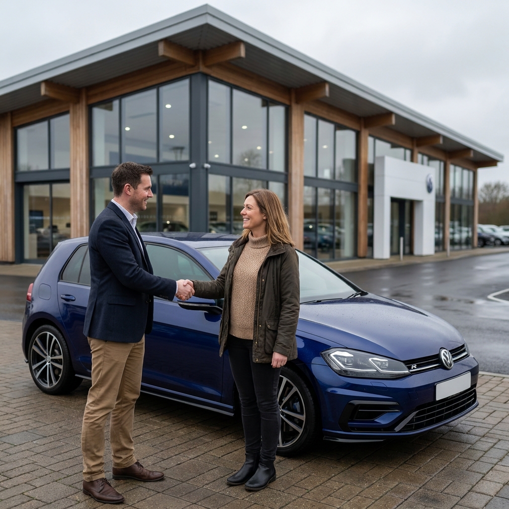 A photorealistic image of a person shaking hands with a car salesperson outside a modern car dealership in the UK.