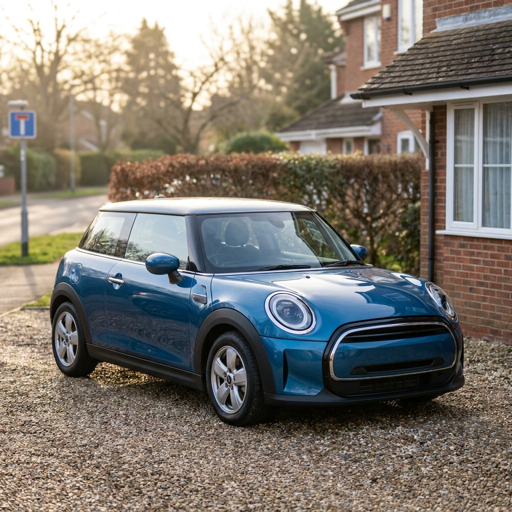 A metallic blue 2024 MINI Cooper parked on a suburban driveway in the UK under soft afternoon sun.