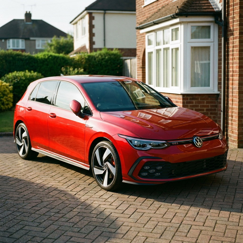 A sleek, nearly new Volkswagen Golf GTi (2023-2026 model) parked on a suburban driveway in the UK under soft afternoon sun.