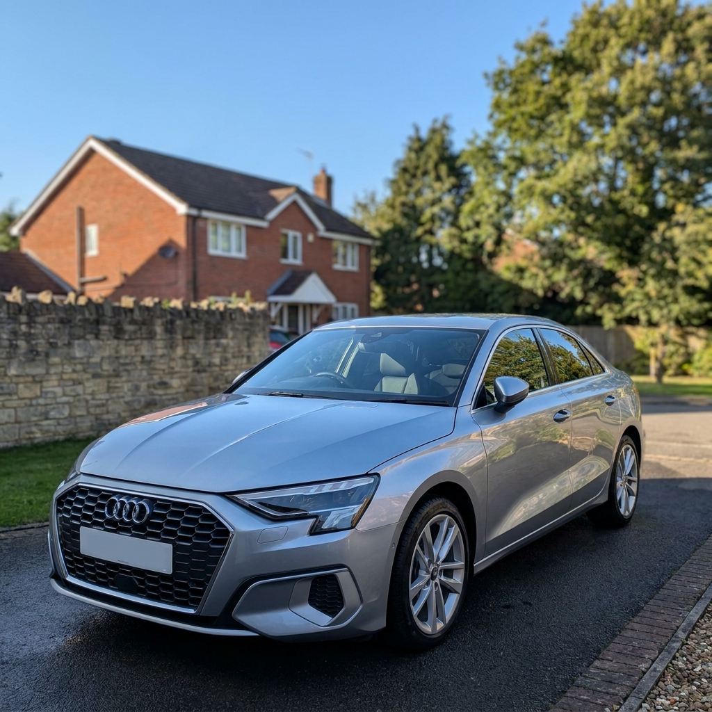 A sleek, modern silver car parked on a suburban driveway in the UK under a clear blue sky, ready for collection.