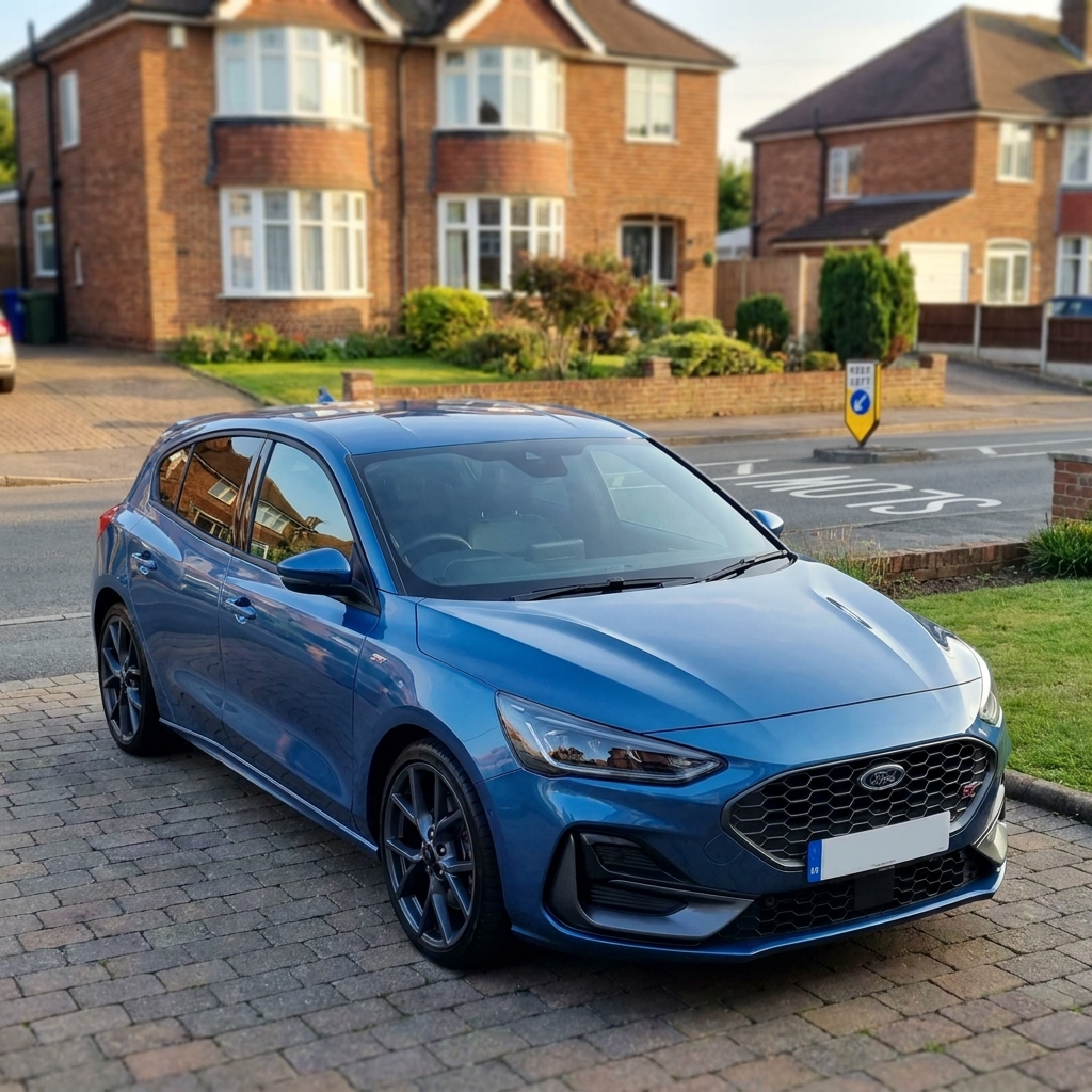 A modern metallic blue Ford Focus ST parked on a suburban driveway in the UK under soft afternoon sun.