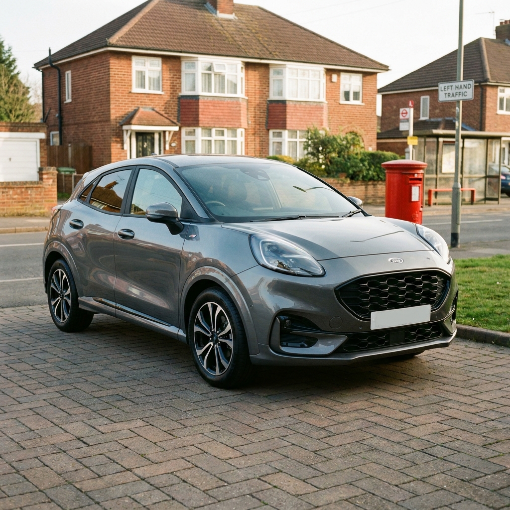 A metallic grey 2024 Ford Puma parked on a suburban driveway in the UK under soft afternoon sun.
