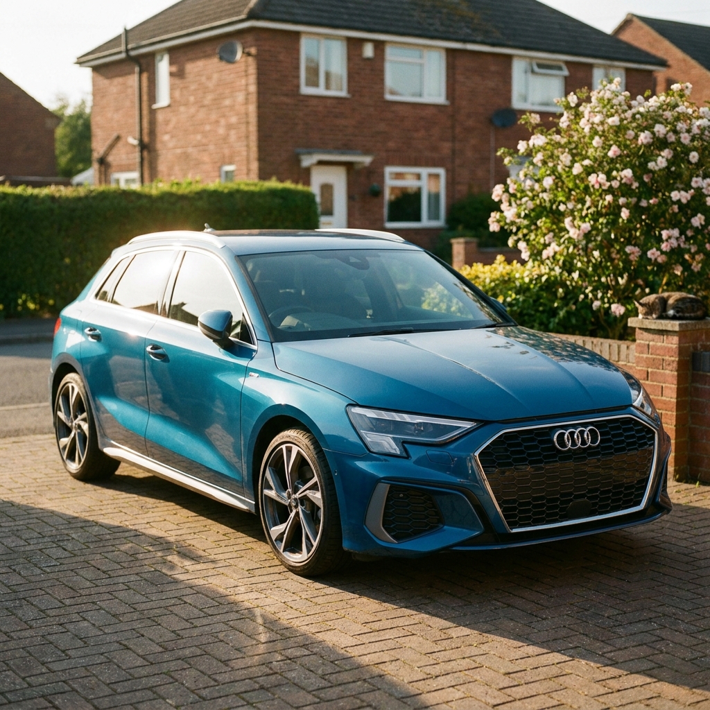 A modern, nearly new car parked on a British suburban driveway in soft afternoon sunlight, ready for a finance quote.