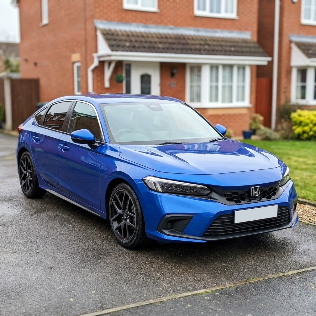 A photorealistic exterior shot of a 2024 Honda Civic eHEV Advance in a bright, crisp overcast UK suburban driveway.