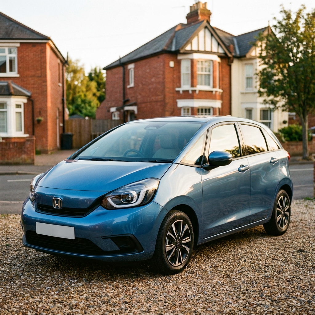 A modern metallic blue Honda Jazz (2023-2026 model) parked on a suburban British driveway in soft afternoon sun.