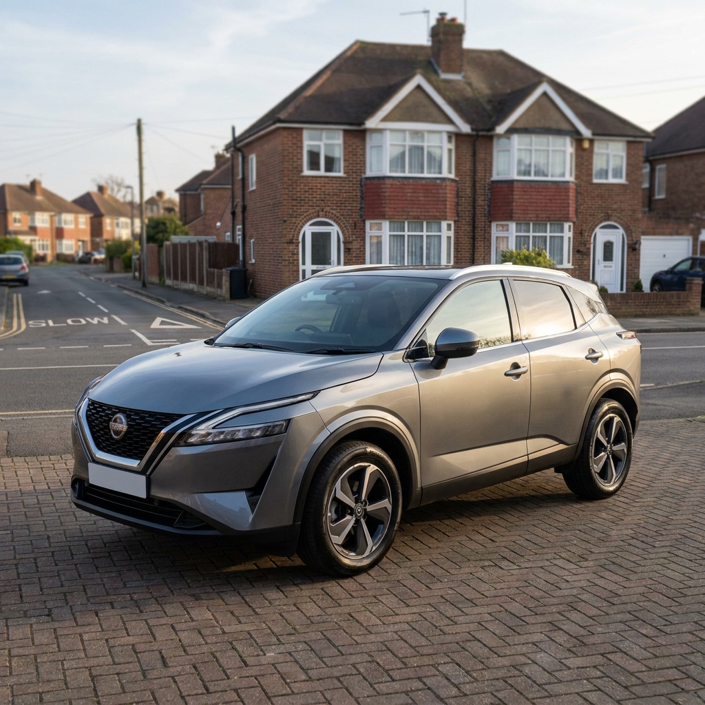 A modern metallic grey SUV, model year 2024, parked on a suburban driveway in the UK under soft afternoon sun.