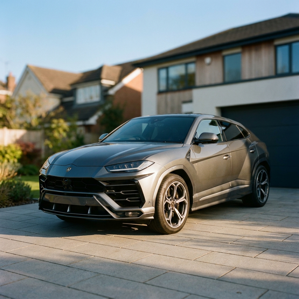 A sleek, metallic grey 2024 Lamborghini Urus parked on a modern suburban driveway in the UK.