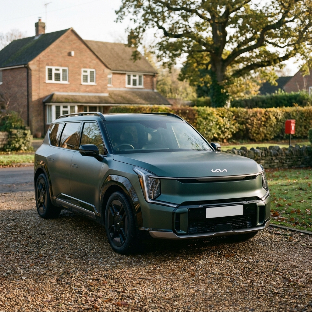 A photorealistic exterior shot of a 2024 Kia EV9 GT-Line parked on a suburban driveway in the UK under soft afternoon sun.