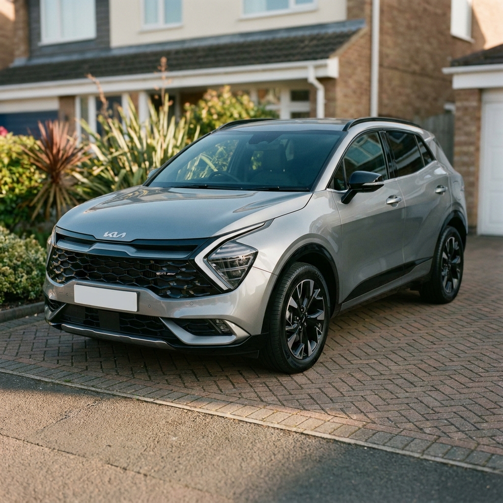 A photorealistic 2024 Kia Sportage GT-Line in a metallic grey finish, parked on a suburban driveway in the UK under soft afternoon sun.
