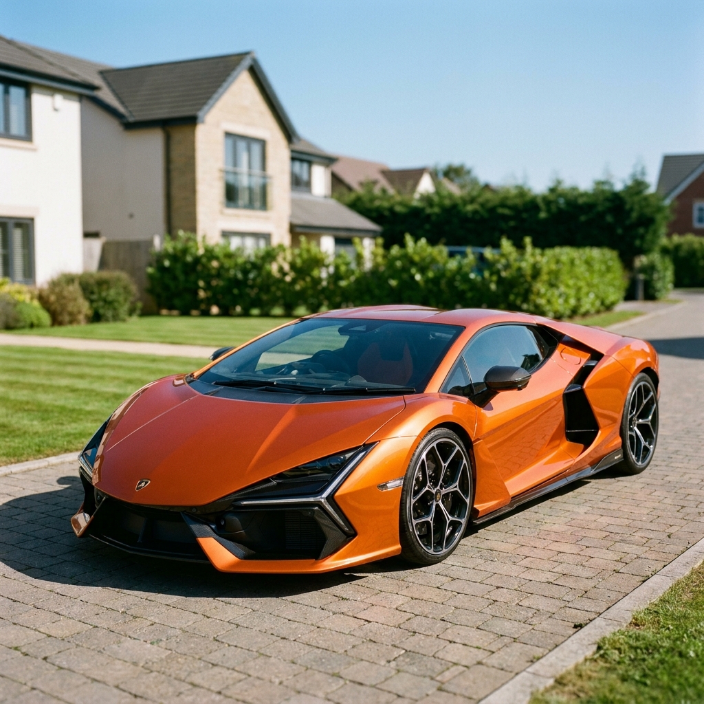 A sleek, modern Lamborghini supercar in a vibrant colour, parked on a British suburban driveway on a clear blue-sky day.